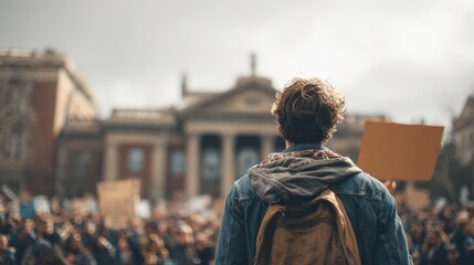 Demonstration for debt relief and accessible education featuring a person with a sign advocating for justice and equality at an educational institution