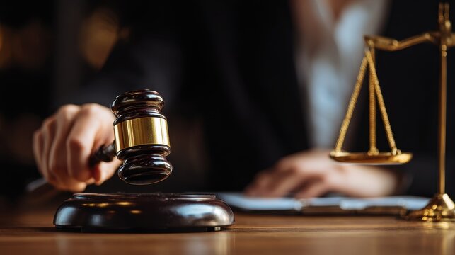 Legal concept featuring a female attorney in an office with a brass scale using a gavel Law and justice session business lawyer notarizing documents for validity - Powered by Adobe