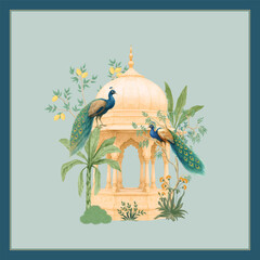 Fototapeta premium Traditional Indian Mughal invitation, dome architecture and tropical garden. Elegant Mughal wedding illustration with peacocks and ornate pavilion backdrop.