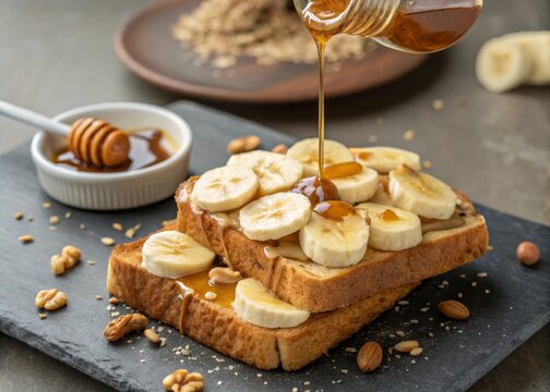 Start your day right easy toast with peanut butter and banana slices drizzled with honey for a healthy breakfast at home