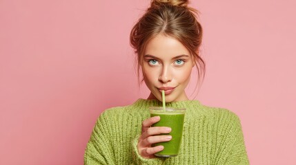 Healthy woman consuming green detox juice promoting a nutritious vegetarian lifestyle