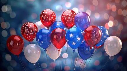Patriotic 4th July background showcasing red, white, and blue balloons floating in the air, cheerful setting, soft lighting
