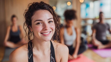 Joyful young woman exercising in a fitness studio posing for the camera with her class behind her