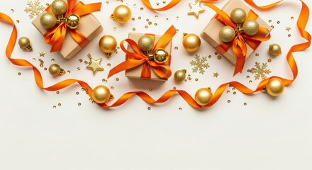 Festive golden christmas gifts with orange ribbons, baubles, stars, confetti and snowflakes arranged on a bright white background