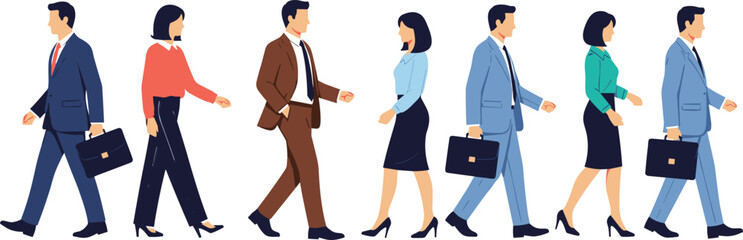 Group of business people walking together, corporate team men and women in suits, flat vector illustration, isolated on white