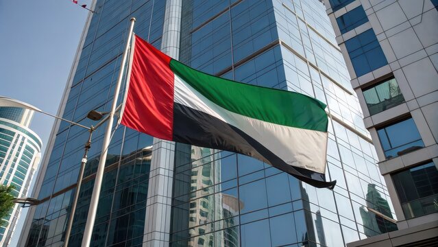The united arab emirates flag waving in front of a modern building, representing the nations unity and progress in the world - Powered by Adobe