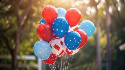 Patriotic 4th July background showcasing red, white, and blue balloons floating in the air, cheerful setting, soft lighting