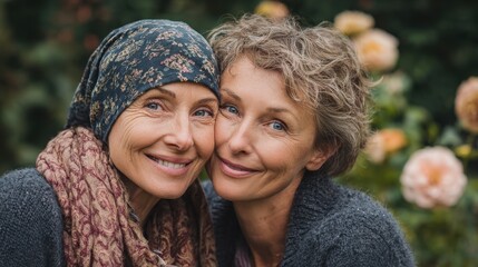 Joyful woman bonding with her ailing mother in a garden sharing a loving moment