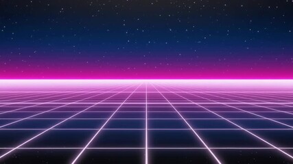 Retro 80s synthwave glowing grid with starry space and neon horizon abstract - Powered by Adobe