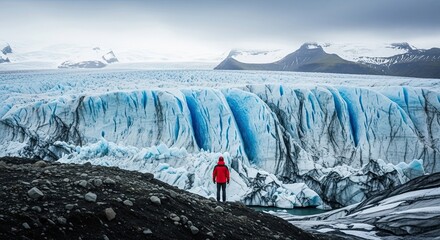 A solitary hiker in a bright red jacket contemplates the immense scale of a textured blue glacier in a dramatic and remote mountain wilderness on an overcast day