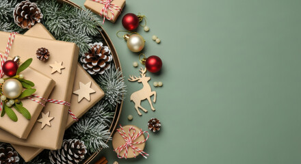 Festive christmas gift boxes with pine cones, baubles, and wooden reindeer decoration on green background for winter holidays