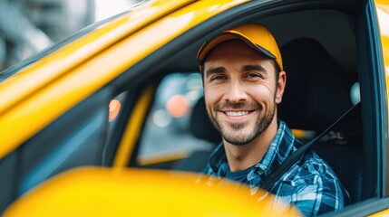 Man operating vehicle Summer driver Taxi driver Insurance or travel idea Joyful young employee in auto sales or rental Pickup rental or delivery service