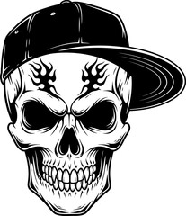Urban Skull silhouette Vector – Cool Skeleton Head in Baseball Cap with Flames | Black and White Flaming Skull Wearing a Baseball Cap Illustration