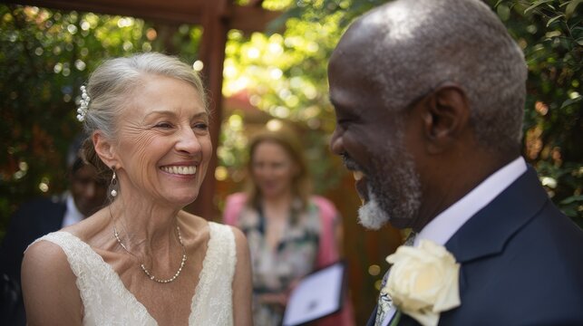 Couple exchanging vows in a garden happily holding hands during a wedding celebration - Powered by Adobe