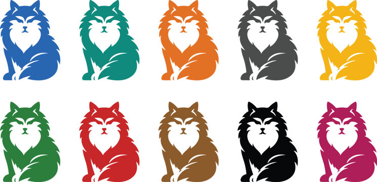 Colorful sitting wolf icons collection, Vibrant wolf silhouettes in assorted colors