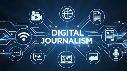 Futuristic digital journalism concept with glowing icons - Powered by Adobe
