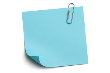 Light blue sticky note with a silver paperclip isolated on white background
