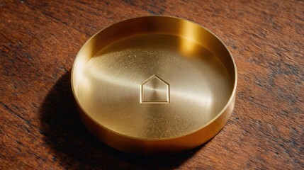 Close-up of a round, golden-colored object on a wooden surface. the object appears to be made of metal and has a smooth, shiny surface.