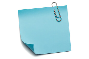 Blue sticky note with a silver paperclip attached, isolated on white