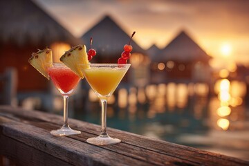 Tropical Cocktails at Sunset - Exotic Drinks with Pineapple and Cherry Garnish in Paradise.