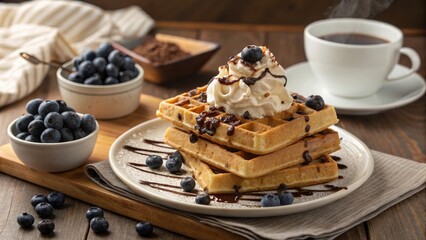 Indulge in cozy mornings with waffles topped with whipped cream blueberries and chocolate drizzle at home