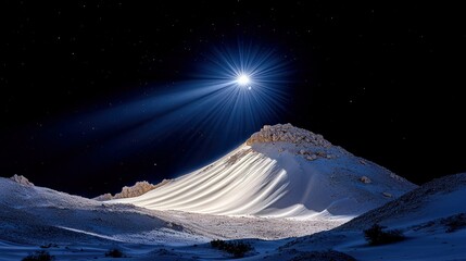 A brilliant star shines down, casting dramatic light and shadows across a snow-covered mountain landscape under a clear, dark, star-filled night sky.