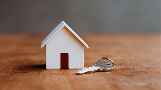 Small white house with a red door on a wooden surface. the house has a triangular roof and a small chimney on top. next to the house, there is a set of keys.