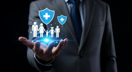 Businessman holding digital family and healthcare shield icons symbolizing protection and insurance