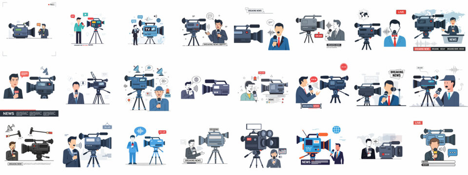 A comprehensive vector set illustrating professional news reporting, journalism, videography, and broadcasting, featuring reporters, video cameras, and live breaking news graphics.