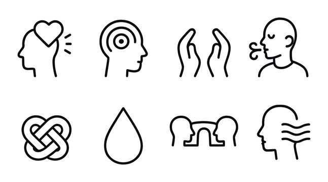 Mindfulness concept icons: heart, focus, meditation, breath, connection, water, communication, calm