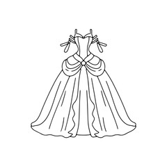 Fototapeta premium Black and white line art illustration of a classic princess ball gown, an elegant formal dress vector isolated on a white background