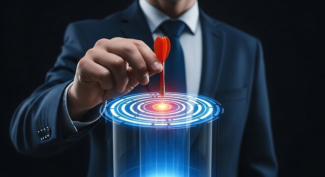 Businessman aiming dart at futuristic digital target with glowing blue and red center
