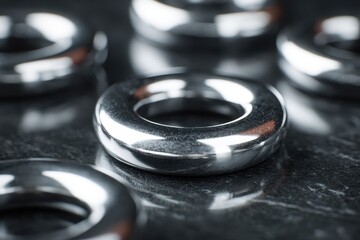 Gleaming Silver Rings - Industrial Precision on Dark Textured Surface, Shallow Focus.