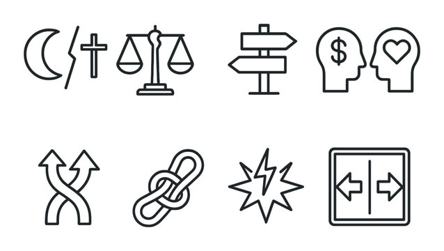 Minimalistic icon set featuring religious symbols and directional signs