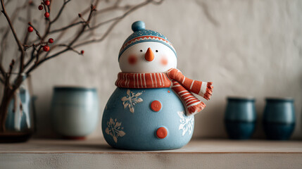 Decorative snowman figurine with scarf and hat standing on shelf among ceramic cups and winter twigs.