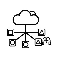 Cloud network icon with connected devices and headphones, isolated on