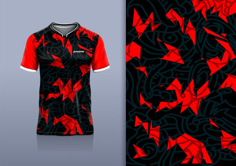 T-shirt mockup with abstract grunge sport jersey design for football, soccer, racing, esports, running, in black red color
