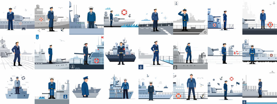 Collection of navy sailors in uniform standing on warship decks, featuring military vessels, maritime service, and defense illustration elements.