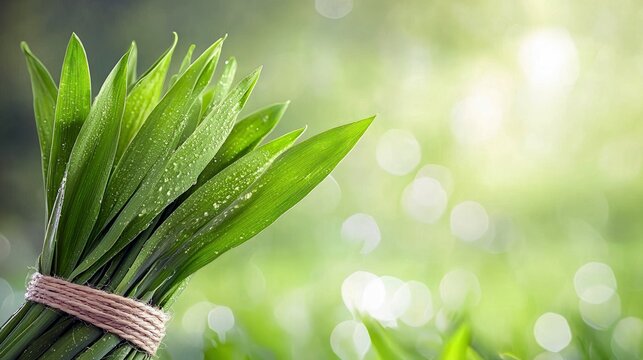 A close-up shot of a bundle of fresh green grass, tied with twine, with water droplets on the blades, set against a blurred green background with bokeh lights. - Powered by Adobe