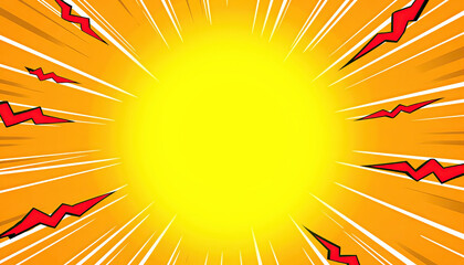 Dynamic comic book explosion background with bright yellow sunburst and red lightning bolts for action scenes