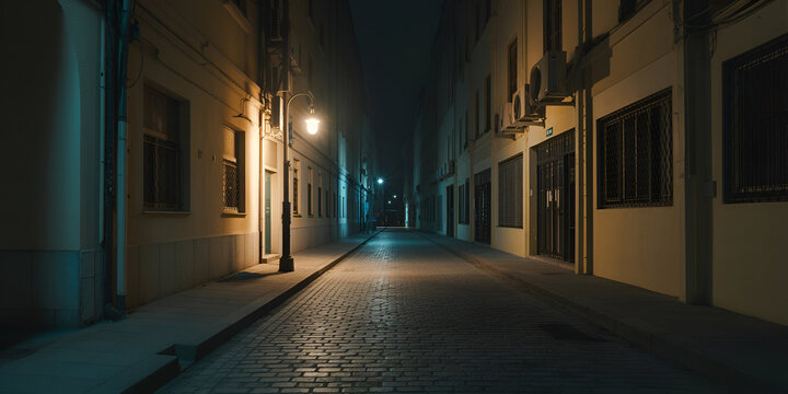 Empty cobblestone street illuminated by streetlights at night