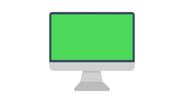 A minimalist animation of a desktop computer monitor with a solid green screen, representing technology, digital communication