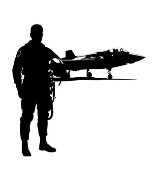 Fighter Pilot Silhouette Standing in front of a Military Jet Aircraft,  silhouette illustration of a fighter pilot standing, holding his helmet, with a modern, high-performance military jet fighter