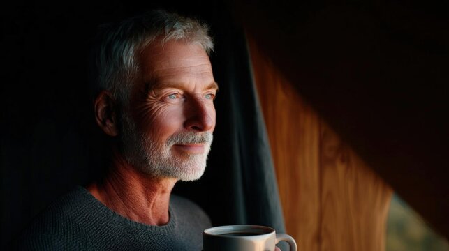 Portrait of a middle-aged man with grey hair and a white beard. he is sitting in front of a window with a wooden frame, and is holding a cup of coffee in his hand.