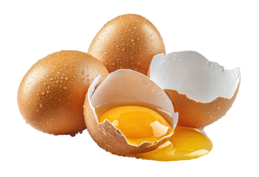 Three brown eggs, one cracked open, yolk spilling (1)