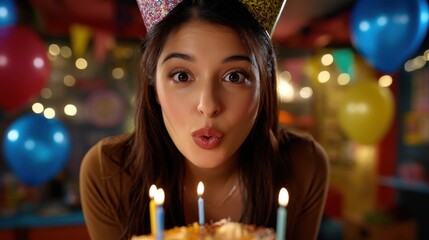 Person blowing out birthday candles on a cake with party hats and balloons in the background, portrait shot, in a lively birthday room, using bokeh effect and vibrant colors, with warm lighting tones