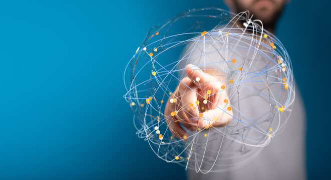 Abstract image of a person interacting with a network sphere, symbolizing global connectivity, data exchange and technological progress, great f