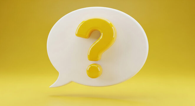 3D render of white speech bubble with yellow question mark inside, concept of query, doubt, or interrogation, ideal for question or discussion concepts