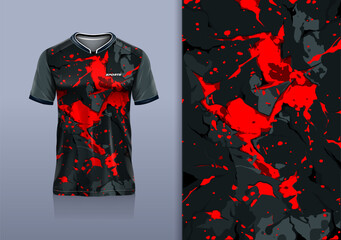 T-shirt mockup abstract texture grunge water sport jersey design for football, soccer, racing, esports, running, red black color