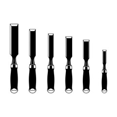 Set of six woodworking chisels in varying sizes, black and white illustration.